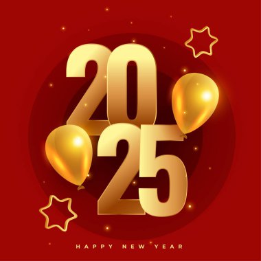 2025 yeni yılı altın balon ve yıldız vektörüyle karşılıyoruz.