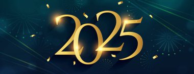 Altın 2025 yeni yıl konfeti dekor vektörlü bayrak