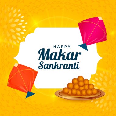 mutlu makar sankranti sarı arkaplan laddoo tasarım vektörü