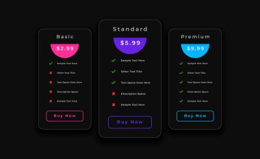 Koyu tema fiyatlandırma tablo şablonu üç seçenekli plan vektörü