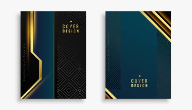 Parlak altın çizgiler vektörlü siyah ve mavi premium kaplama düzeni
