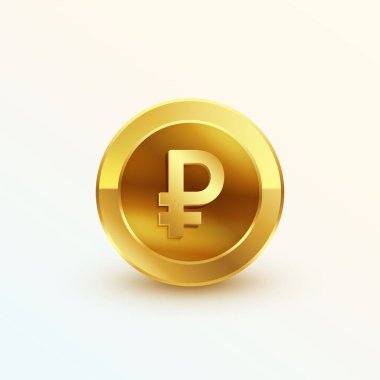 Ruble sembollü izole ve 3d altın sikke
