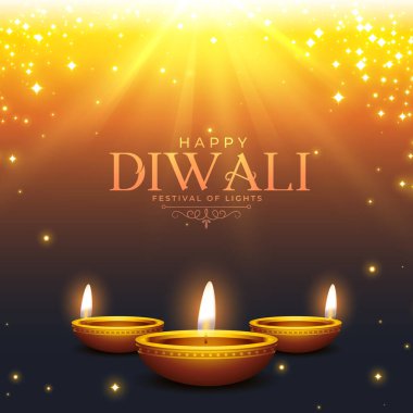 Mutlu diwali dilekleri kartı parlayan ışıklar ve diya vektörü