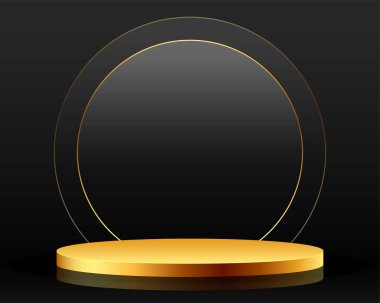 Siyah zemin üzerinde yuvarlak çerçeve vektörü ile 3d tarzı altın podyum 