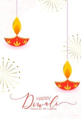 Mutlu diwali selamlama beyaz şablonu asılı diya vektörü