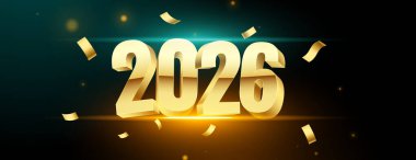 2026 golden text dark background with confetti decoration vector