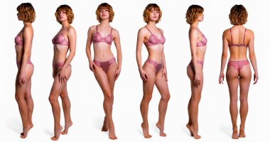 Collage snap slender blonde models. Full length beautiful slim woman in pink underwear, with no retouching on gray background