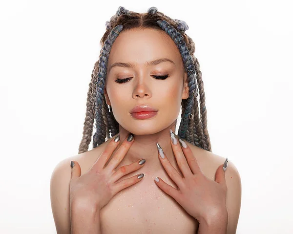 Kvinna Med Skönhet Ansikte Vidrör Frisk Ansiktshud Modell Med Nakna — Stockfoto