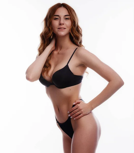Ung Vacker Sexig Kvinna Svarta Underkläder Obekymrad Självsäker Modell Klädd — Stockfoto