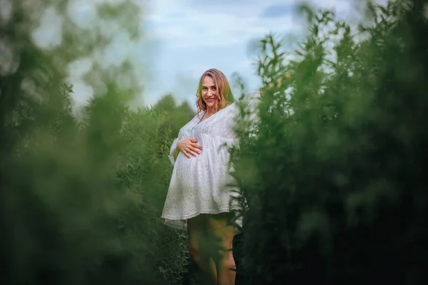 Pregnant Woman White Boho Summer Dress Walks Middle Field Tall — Stock Photo, Image