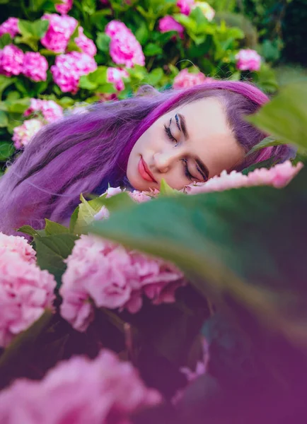 Mujer Joven Está Rodeada Flores Hortensia Rosa Violeta Hermosa Modelo — Foto de Stock