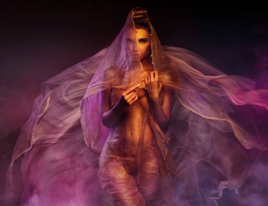 Büyüleyici fantezi tül cüppeli bir kadın. Elbisenin kumaşı havada gelişir ve yüzün bir kısmını kaplar. Karamsar, renkli ve dumanlı bir arka planı olan poz vermek..