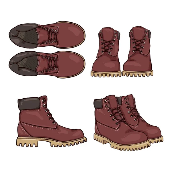 Red Work Boots Vector Set Cartoon Shoes Illustrations — Vetor de Stock