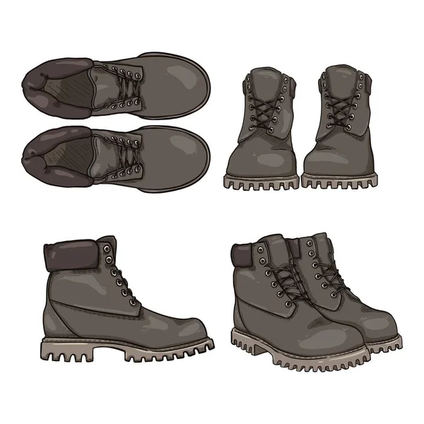 Gray Work Boots Vector Set Cartoon Shoes Illustrations — Stock Vector