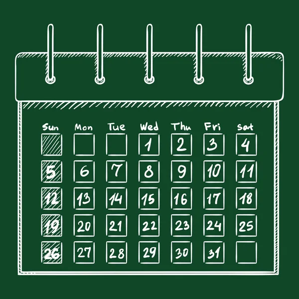 Chalk Sketch Calendar Dates Weekdays Vector Hand Drawn Illustration — Stock Vector