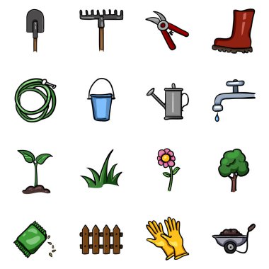 Renkli Doodle Garden Simgeleri. Bahçe Aletleri ve Bitkileri Vektör Kümesi