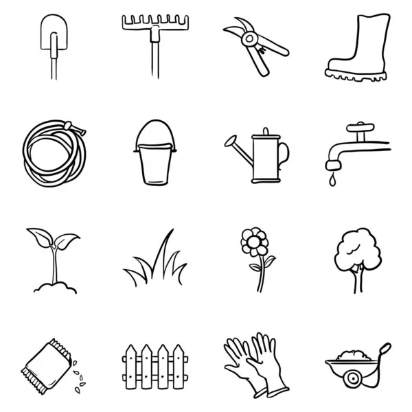 Doodle Garden Icons Vektor Set Von Gartengeräten Und Pflanzen — Stockvektor