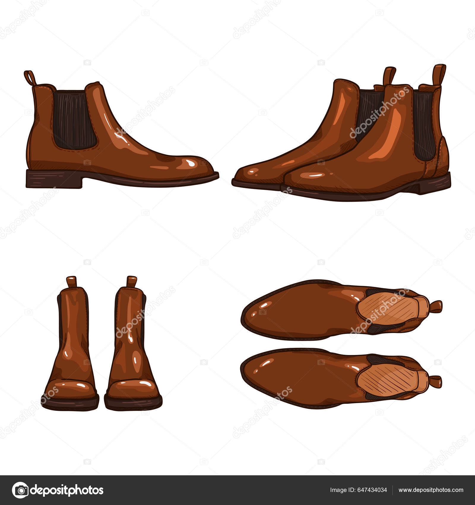 Vektorsett Cartoon Brown Shining Leather Classic Shoes Chelsea Støvler  Forskjellige – stockvektor ©nikiteev 647434034