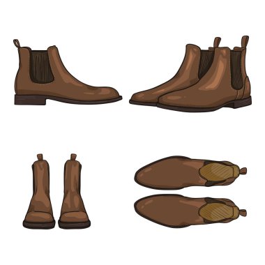 Vector Set of Cartoon Brown Suede Classic Shoes. Chelsea Çizmeleri Farklı Görünümler.
