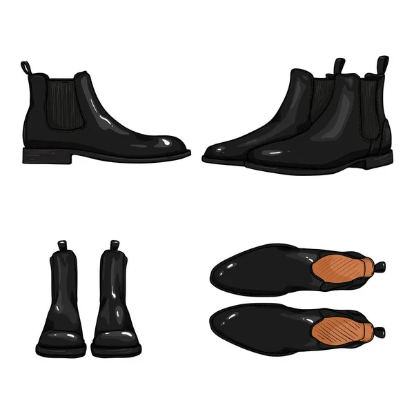 Vector Set Cartoon Black Classic Shoes Челсі Чоботи Різні Погляди — стоковий вектор