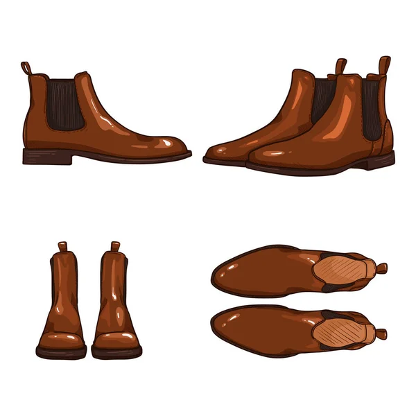Çizgi Film Kahverengi Parlak Deri Klasik Ayakkabılar Chelsea Çizmeleri Farklı — Stok Vektör