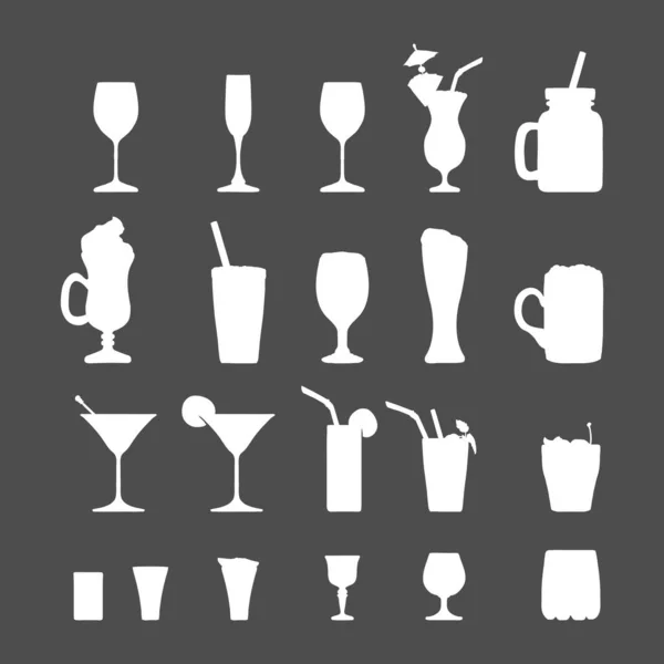 Vector White Silhouette Set Mit Alkohol Und Softdrinks Likören Cocktails — Stockvektor