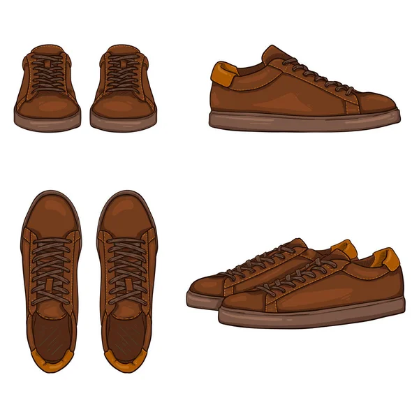 Conjunto Brown Dress Sneakers Vector Cartoon Ilustrações Vistas Diferentes — Vetor de Stock