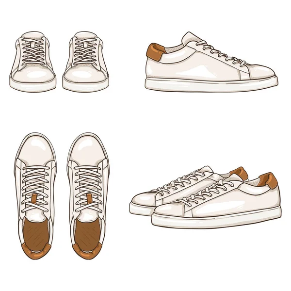Uppsättning Vita Dress Sneakers Vektor Tecknad Illustrationer Olika Uppfattningar — Stock vektor