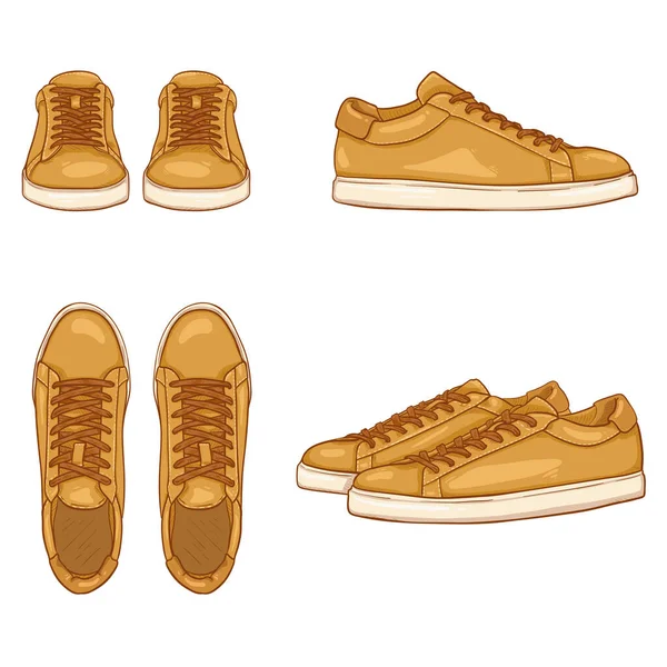 Conjunto Amarelo Vestido Sneakers Vector Cartoon Ilustrações Vistas Diferentes — Vetor de Stock