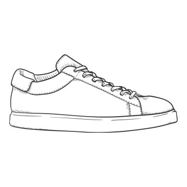 Vektör Sketch Sneakers. Akıllı Gündelik Ayakkabı Çizimi. Yan Görünüm.