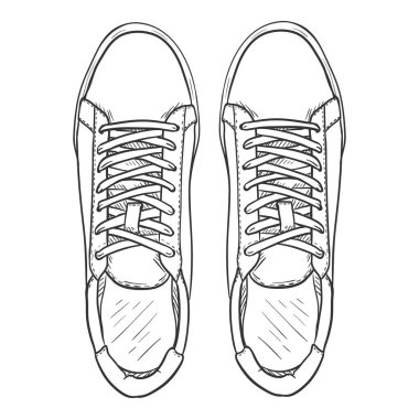 Vektör Sketch Sneakers. Akıllı Gündelik Ayakkabı Çizimi. Üst Görünüm.