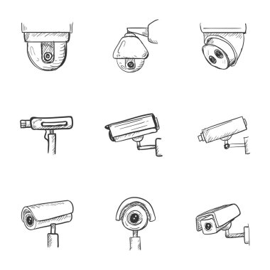 CCTV Skeç Simgeleri seti. El yapımı güvenlik kameraları. Video İzleme Ekipmanı.