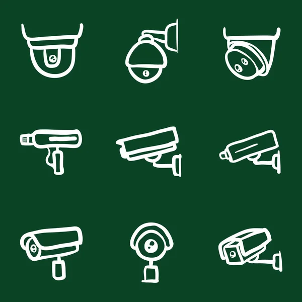Иконки Камерами Наблюдения Дудла Ручные Чертежи Камер Безопасности Видеонаблюдение — стоковый вектор