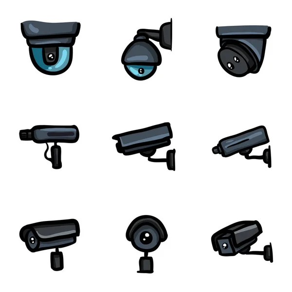 Kleur Cctv Iconen Handgetekende Beveiligingscamera Videobewakingsapparatuur — Stockvector