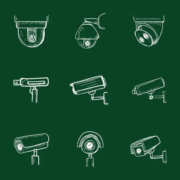 Een Set Cctv Chalk Iconen Schets Beveiligingscamera Videobewakingsapparatuur — Stockvector