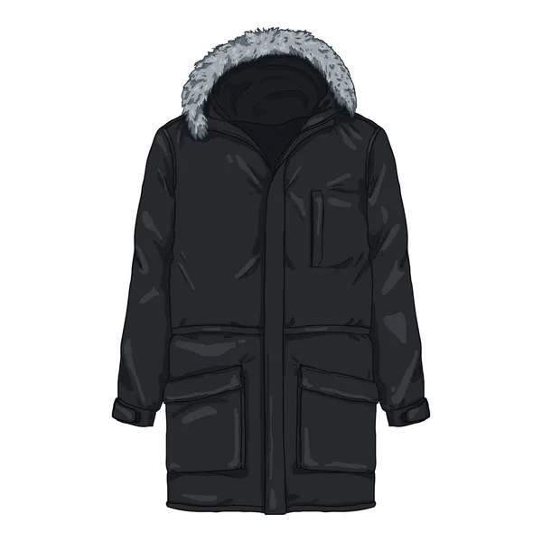 Vector Cartoon Black Parka Jacket Winter Outerwear — Stock Vector