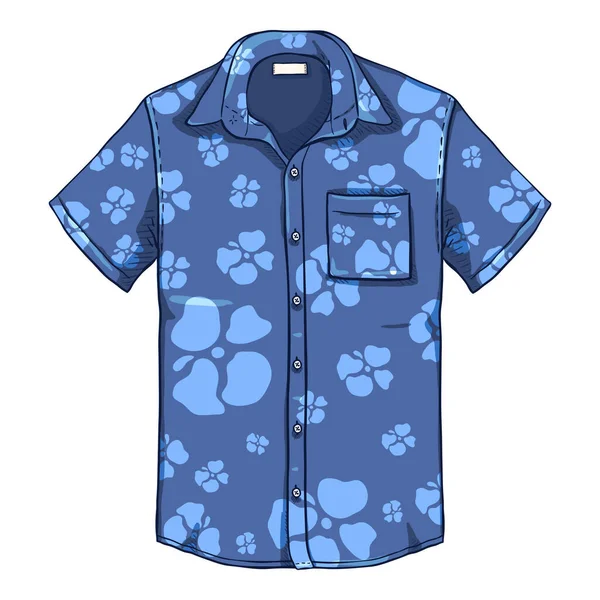 Vector Cartoon Short Sleeve Hawaiian Men Shirt Blue Flower Pattern — Stock Vector