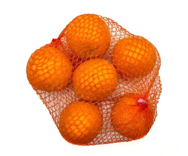 Set Van Oranje Vruchten String Bag Witte Achtergrond Voedselfoto — Stockfoto