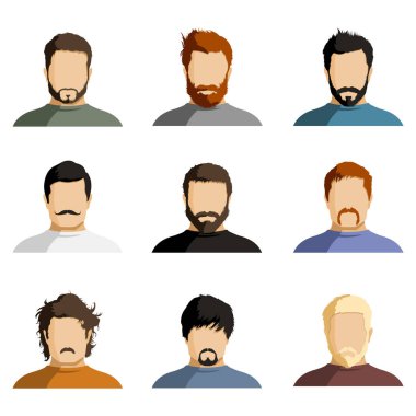 Farklı saç stilleri, sakalları ve bıyıkları olan Düz Adam Yüzleri 'nin vektör kümesi. Renkli Minimalist Kullanıcılar.