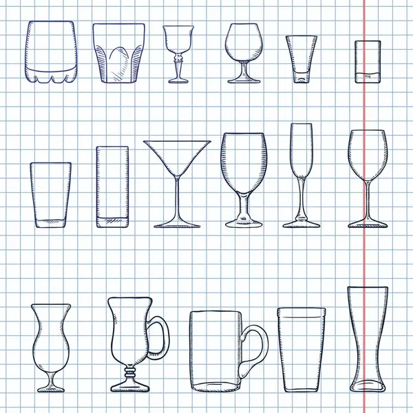 Vektor Uppsättning Skiss Stemware Glasögon För Alkohol Cocktails Och Läsk — Stock vektor