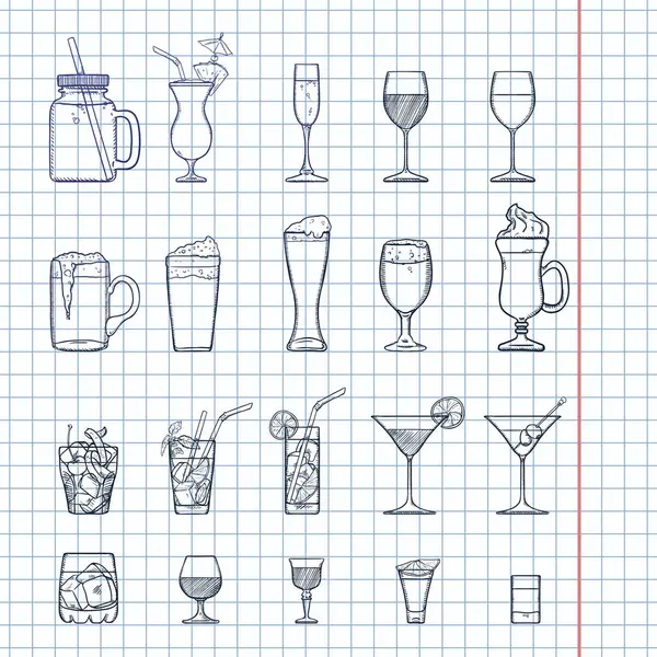 Vektor Sketch Set Mit Alkohol Und Alkoholfreien Getränken Likören Cocktails — Stockvektor
