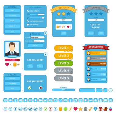 Mobil Oyun için UI Elementlerinin vektör kümesi. Düğmeler, Simgeler, Açılır Pencereler. Turkuaz Renk TemasıName.