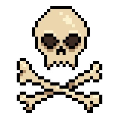 Vektör Pikseli Sanat Simgesi Çapraz Kemikli Kafatası. Korsanlar Sembolü.