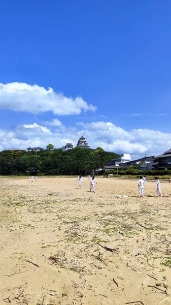 Karatsu, Japonya - 10 Mayıs 2025. Beyzbol takımı Karatsu Kalesi 'nin önündeki Nishinohama Sahili' nde antrenman yapıyor.
