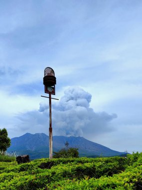 Kagoshima, Japonya - 15 Mayıs 2025. Arka planda patlayan volkanla Sakurajima turplu sütun.