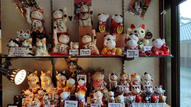 Kagoshima, Japonya - 16 Mayıs 2025. Cats Shrine 'ın yanındaki hediyelik eşya dükkanında.