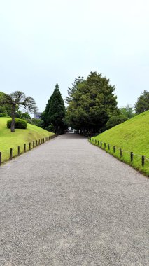 Kumamoto, Japonya - 19 Mayıs 2025. Yeşil tepeler arasında Suzenji Parkı 'ndaki geniş patika.