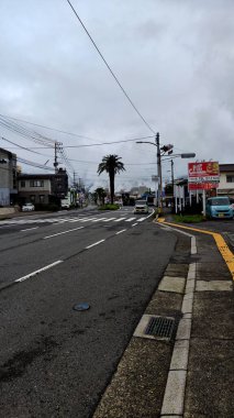 Beppu, Japonya - 24 Mayıs 2025. Arka planda kaynayan kaplıca şehriyle perspektif görünümlü yol