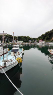 Kitakyushu, Japonya - 26 Mayıs 2025. Ainoshima Adasının limanında balıkçı tekneleri