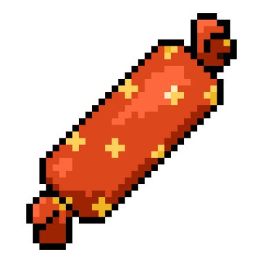 Vektör Piksel Sanat Simgesi - Sarı süslemeli kırmızı pakette şeker